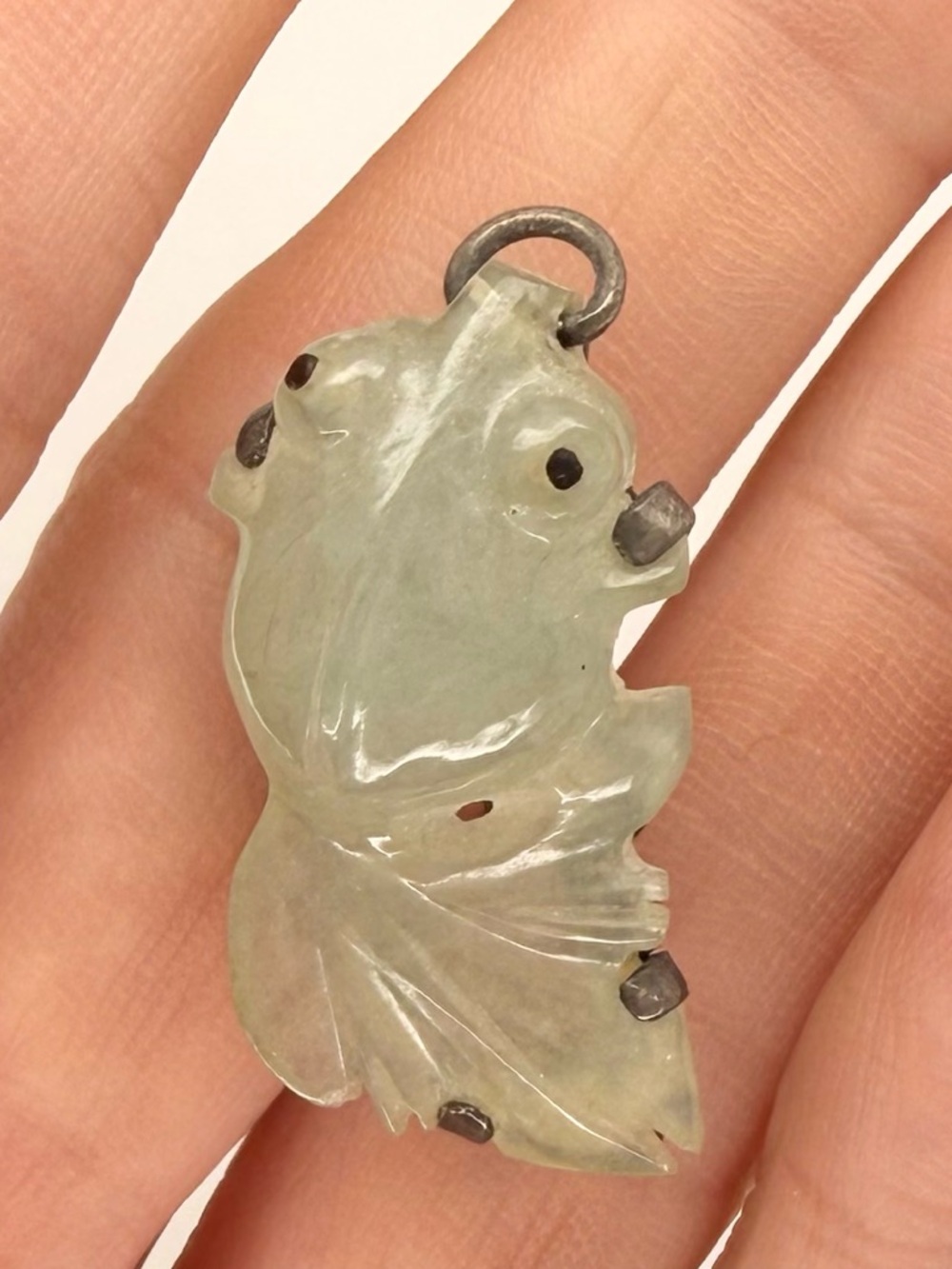 Vintage Hand-Carved Green Apple Jade Jadeite Koi Fish Pendant Necklace Booch